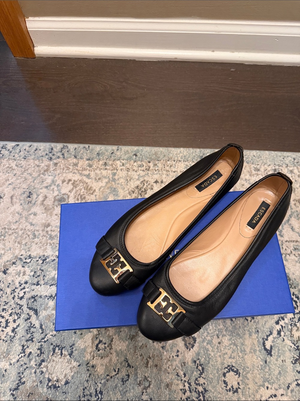 Escada Black Leather Slip-On Flats with Gold Logo Accent